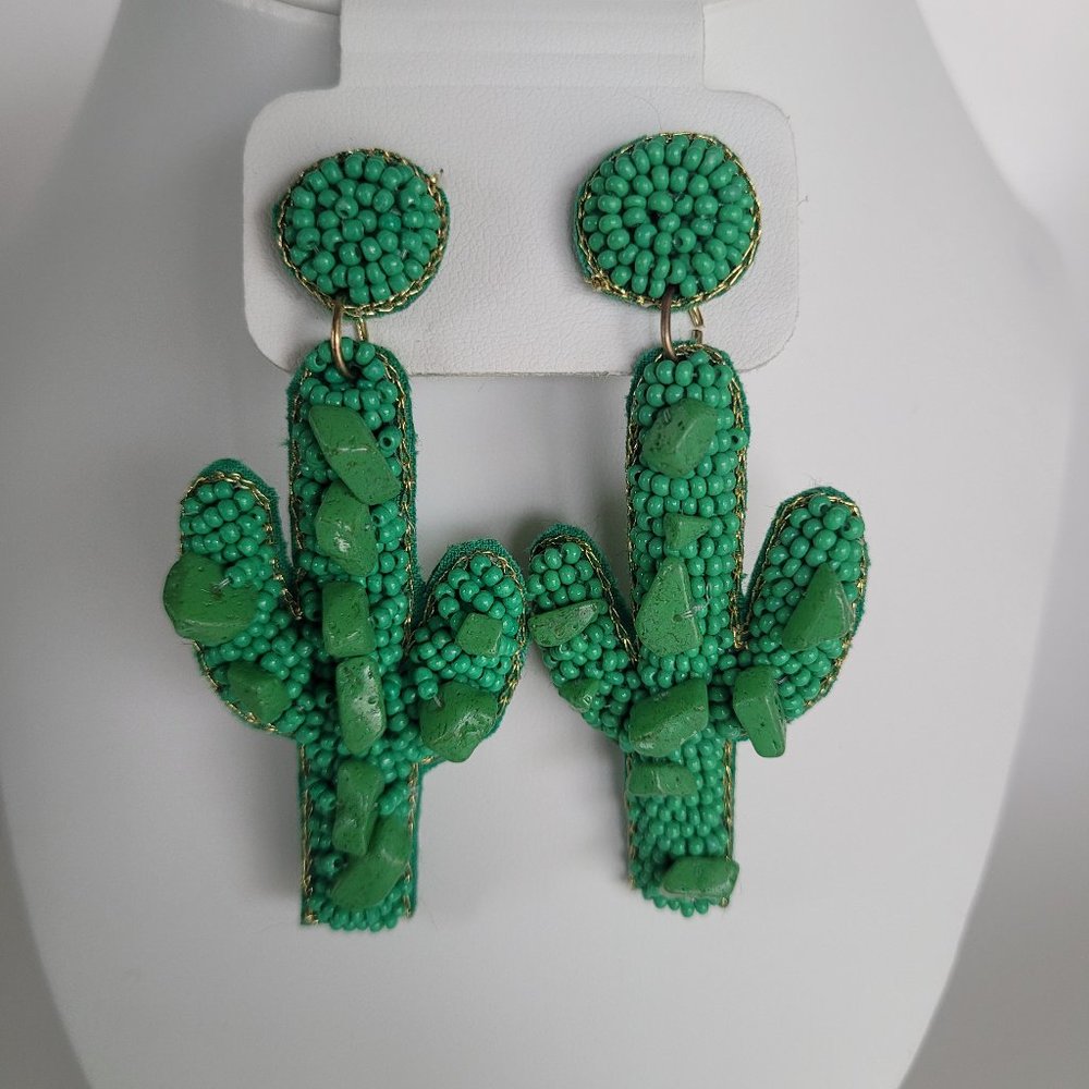Fashion Cactus Beaded Handmade Boho Seed Bead Hoop Dangle Drop Earrings Green - Picture 1 of 5